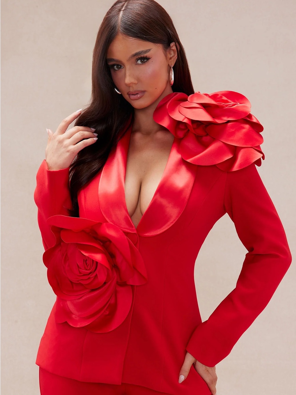 Fashion Nova Luxe Women’s Red Floral Accent Jacket and Pants Suit Set